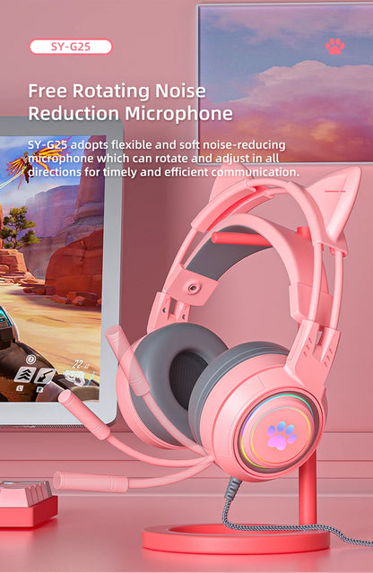 Pink RGB Cat Headphones with Mic