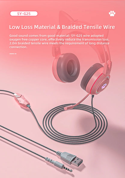 Pink RGB Cat Headphones with Mic