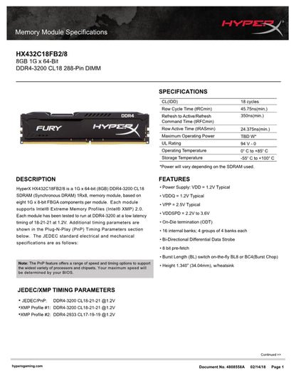 Kingston HyperX FURY DDR4 RAM 3200MHz 8GB-16GB