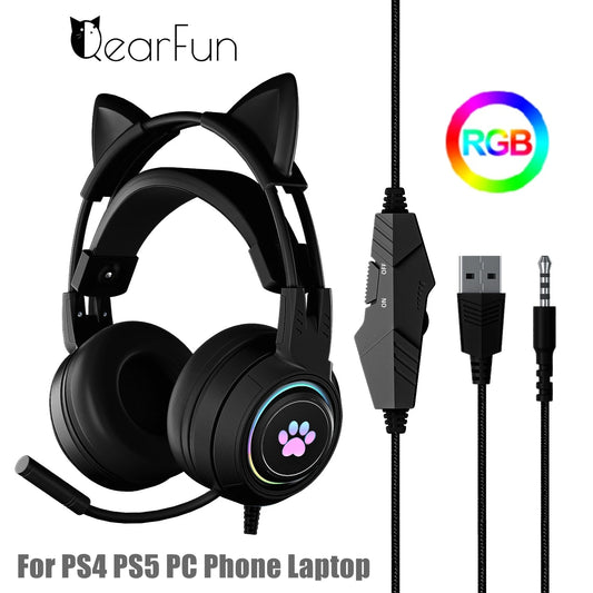 Black RGB Cat Headphones with Mic