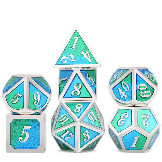 Green and Blue Italic Font Metal Dice Set