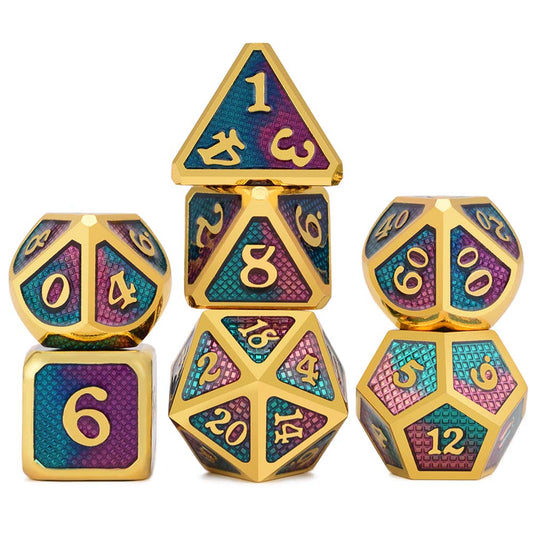 Teal and Purple Swirled Dragon Scales Dice Set