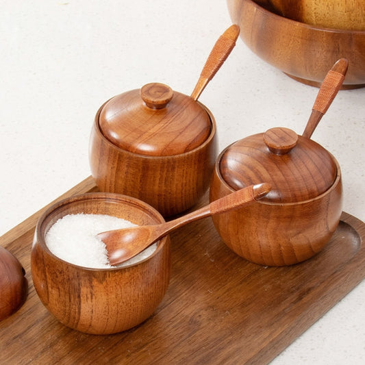 Wooden Bowls with Lid and Spoon