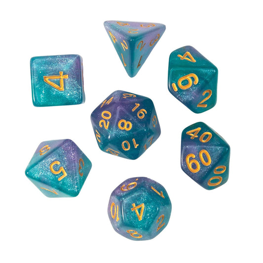 Green and Violet Glitter Dice Set
